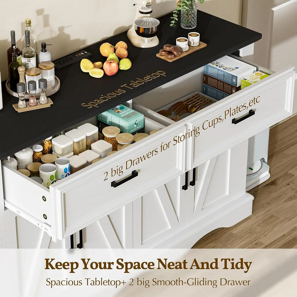 Modern Farmhouse Sideboard Buffet With Charging Station And Soft Close