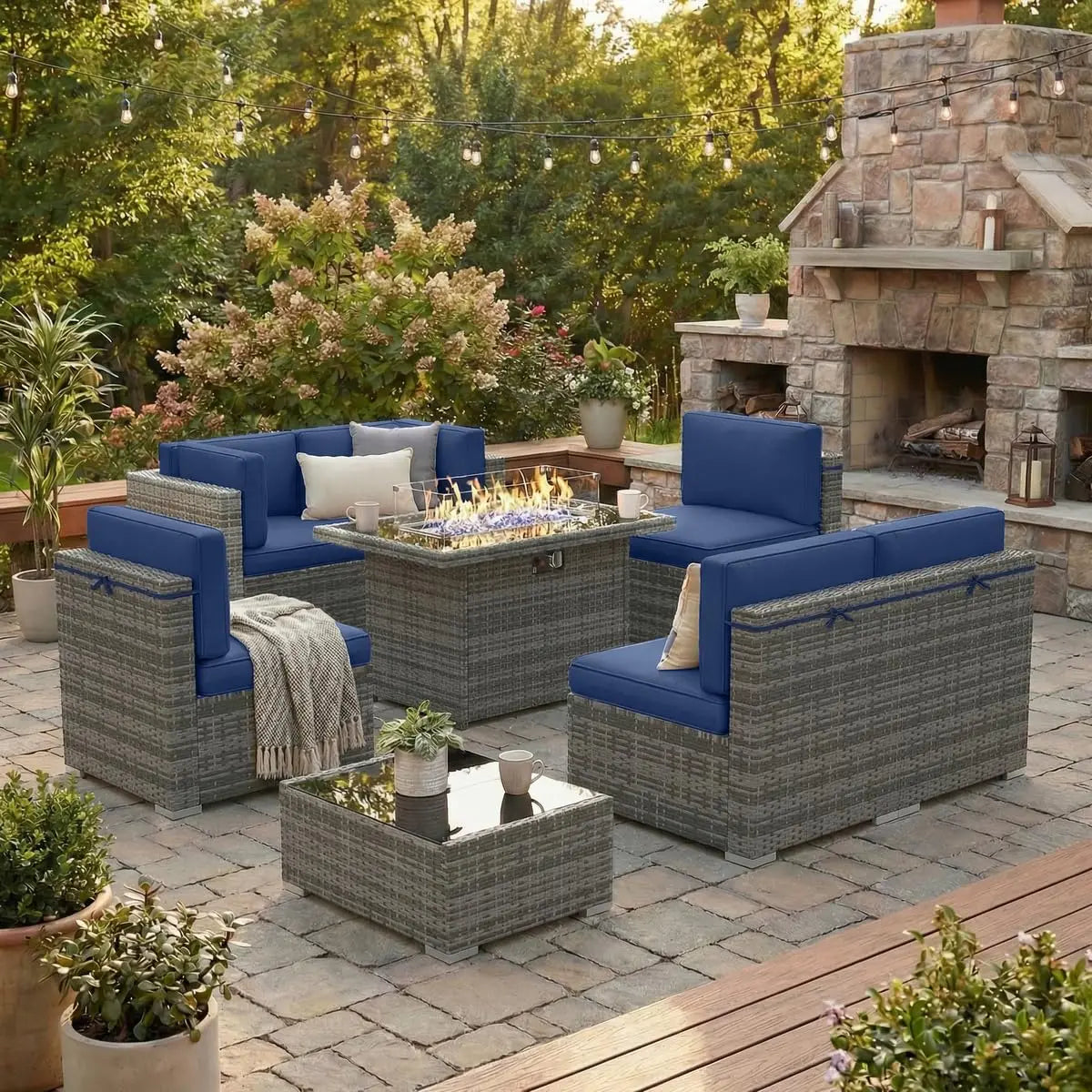 Xiaolang Outdoor Wicker Patio Sofa Set With Fire Pit Table