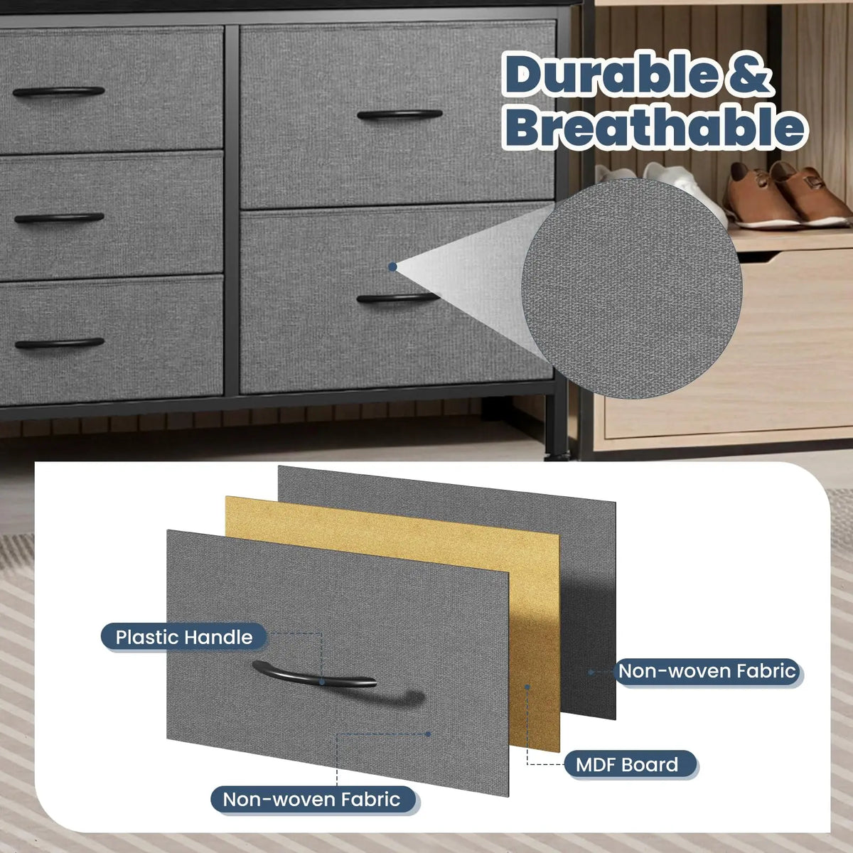 JHK Modern 5 Drawer Fabric Dresser With Metal Frame For Bedroom Living Room