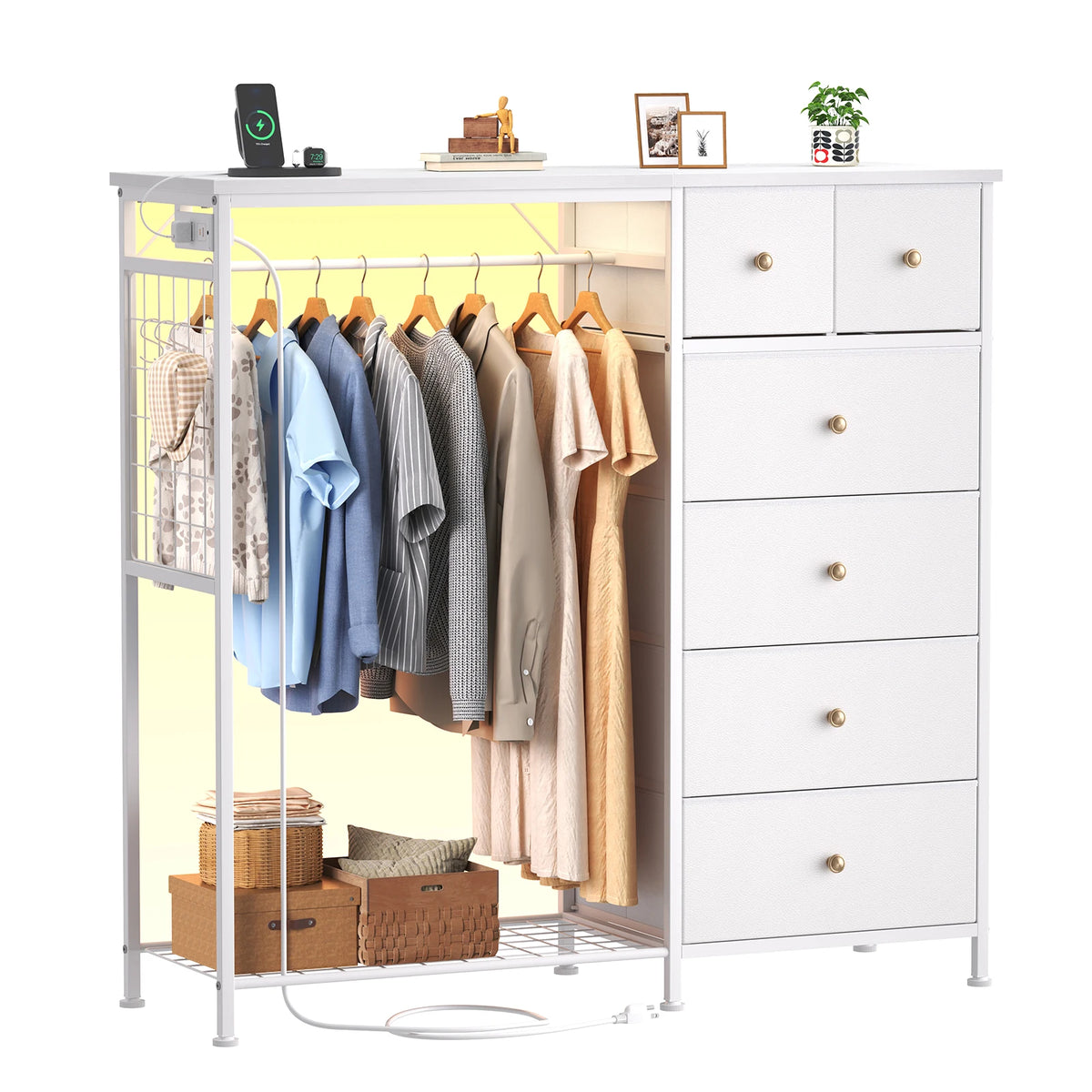JHK Fabric Dresser With Hanging Rack And Charging Station Storage