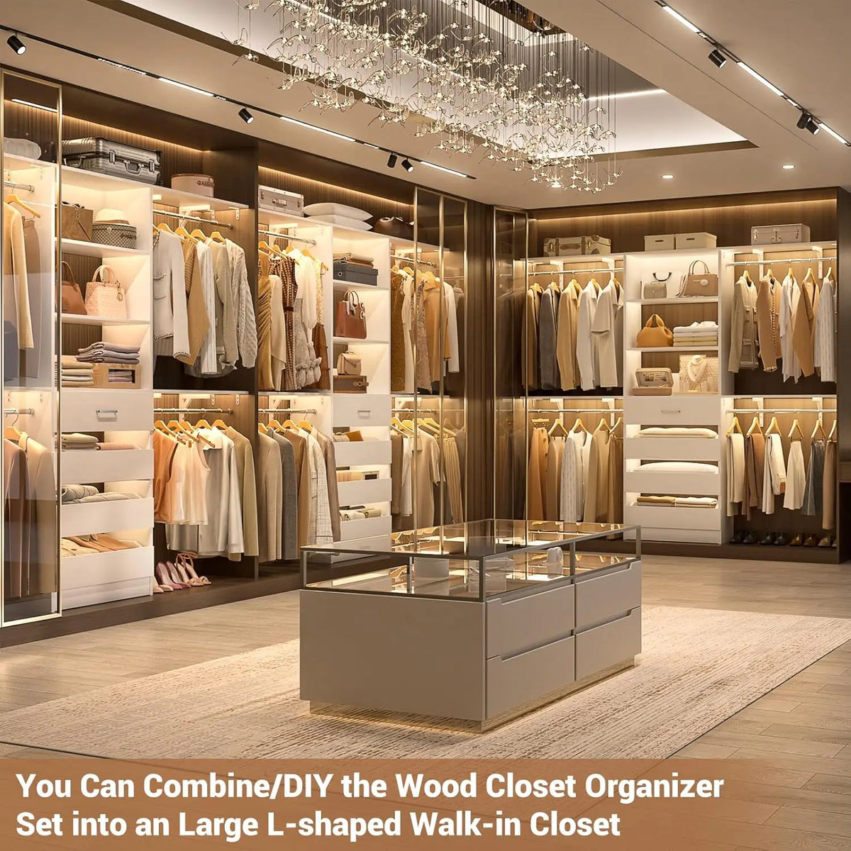 Closet System with Drawers Set of 2, Wood Closet Organizer System with 8 Hanging Rods & Top Shelves, Walk-in, Customized