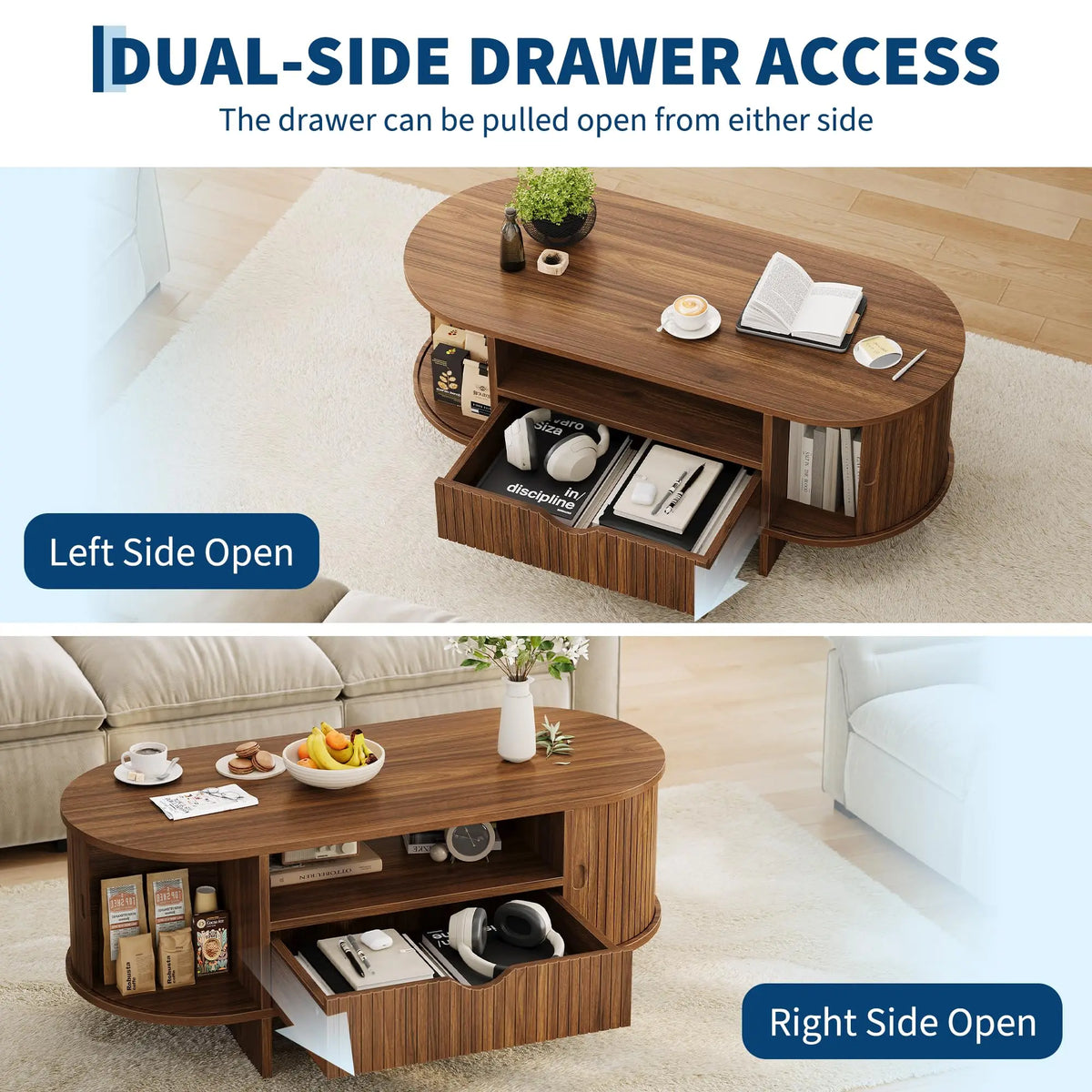 HiMiss Modern Fluted Wood Oval Coffee Table With Storage