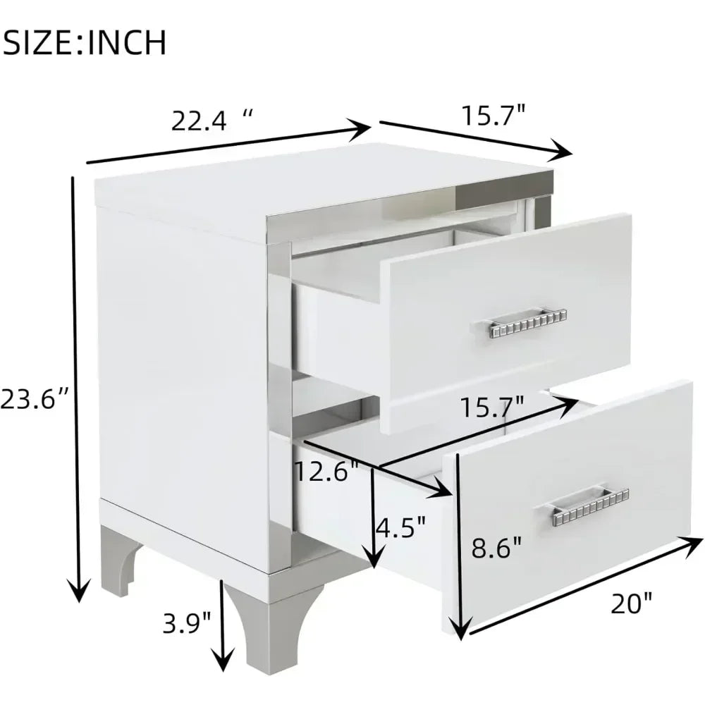 Modern Mirrored Nightstand With 2 Drawers And Metal Handles
