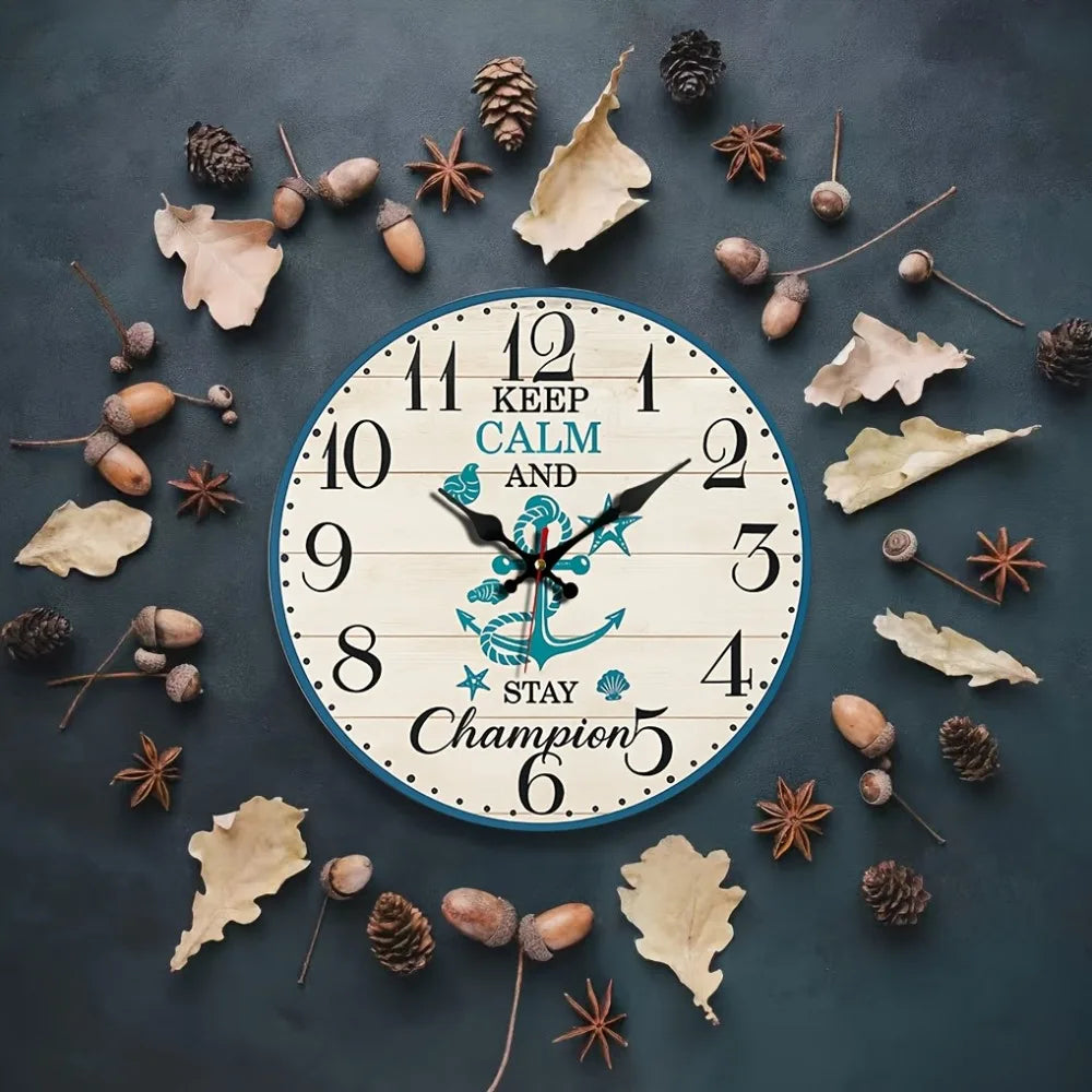 A Round Wall Clock with a Blue And White Ocean Theme, Silent And Non-Ticking, Perfect for Home Decoration During Holidays Or As