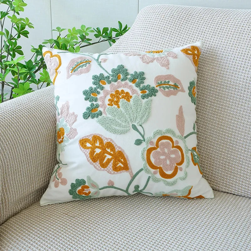 Floral Embroidered Cotton Blend Nordic Style Pillow Cover For Sofa