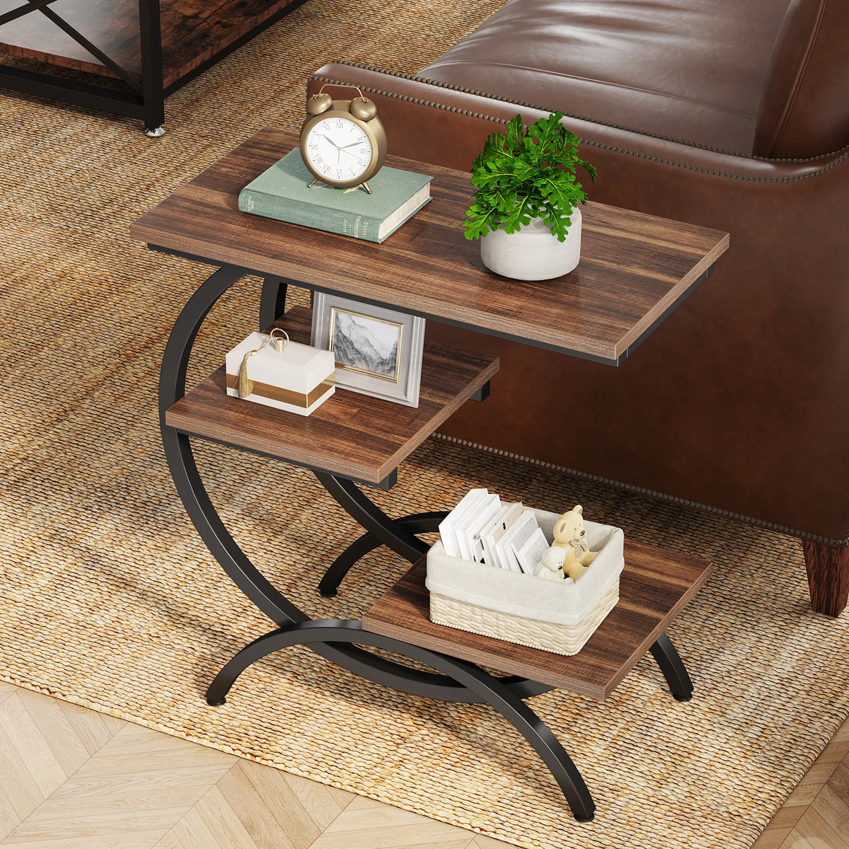 Tribesigns Industrial C Shape End Table Three Tier Storage Shelves