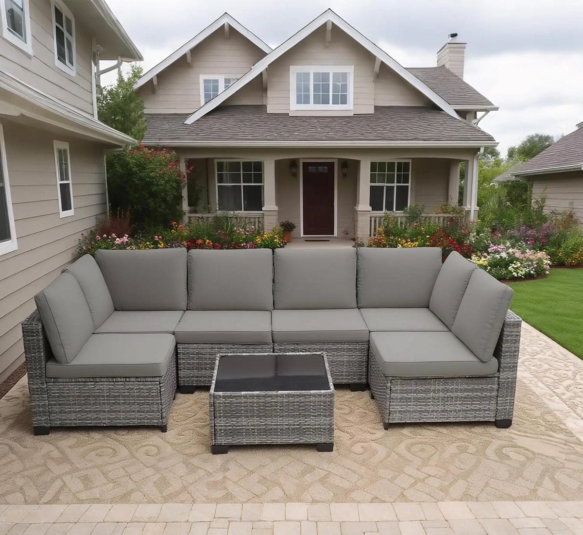 Xiaolang Outdoor Patio Sectional Sofa With Glass Table And Cushions