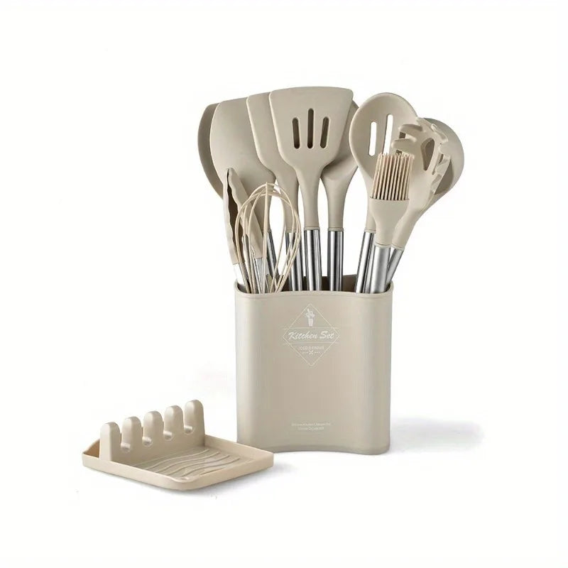 Heat Resistant Silicone Cooking Utensil Set With Stainless Steel Handles