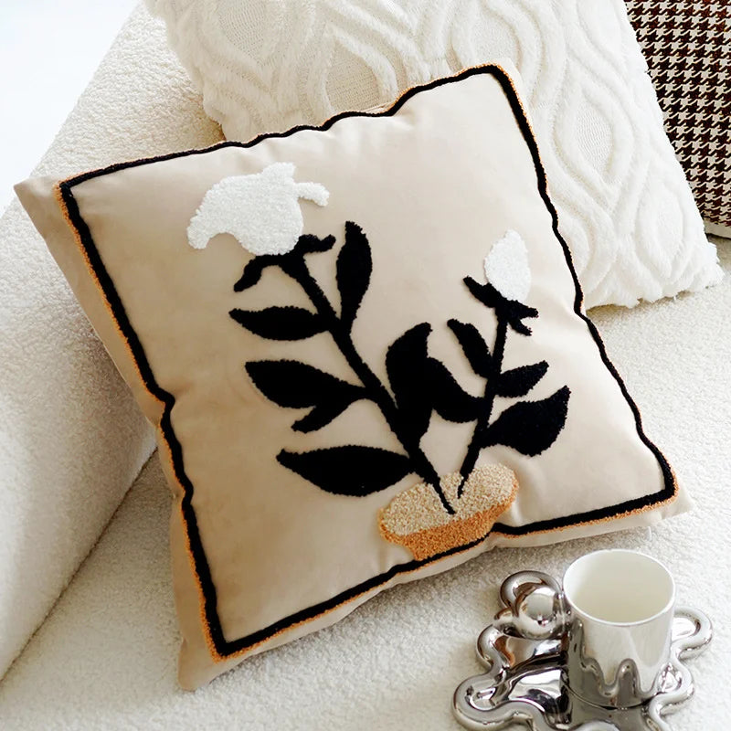 Floral Embroidered Cotton Blend Nordic Style Pillow Cover For Sofa