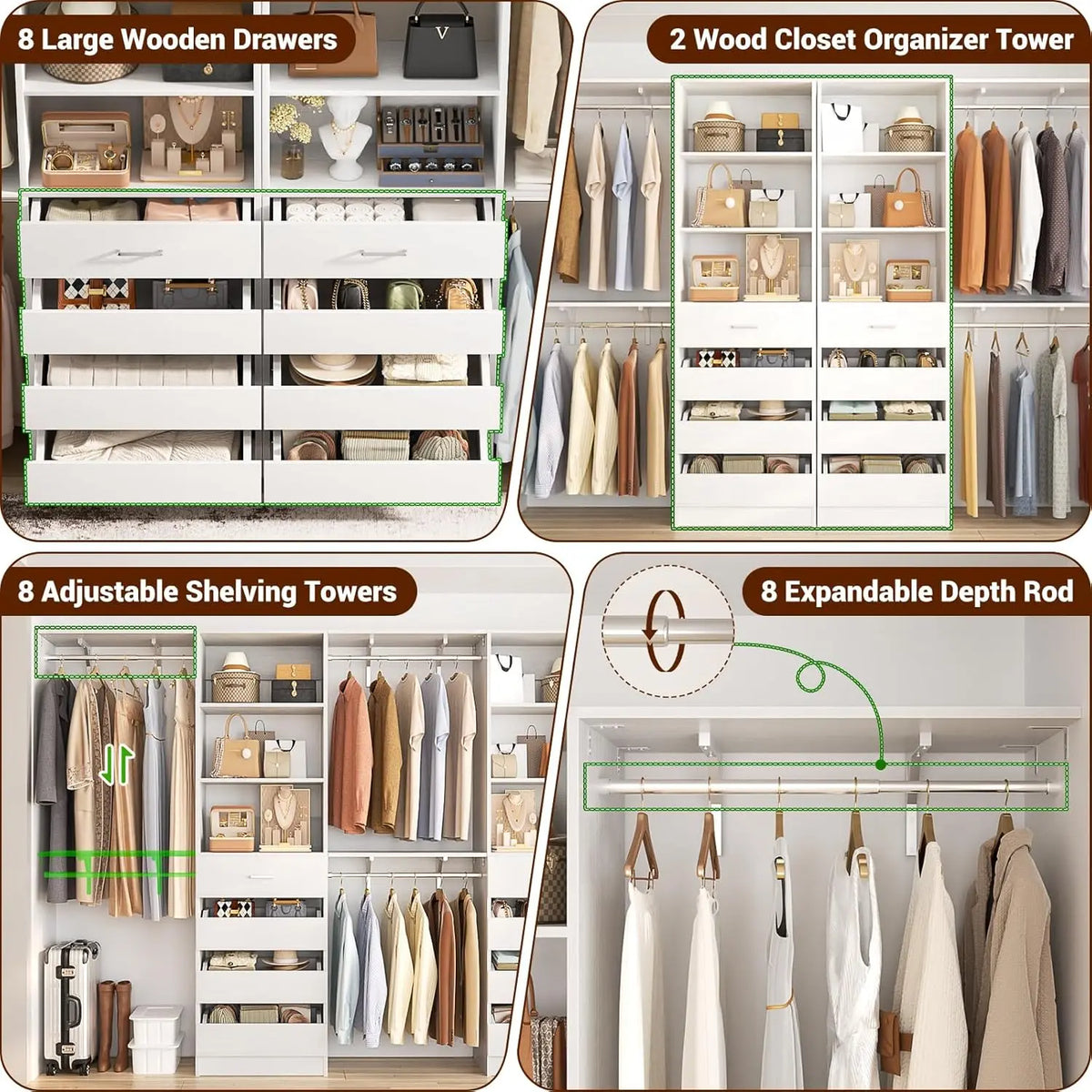 Closet System with Drawers Set of 2, Wood Closet Organizer System with 8 Hanging Rods & Top Shelves, Walk-in, Customized