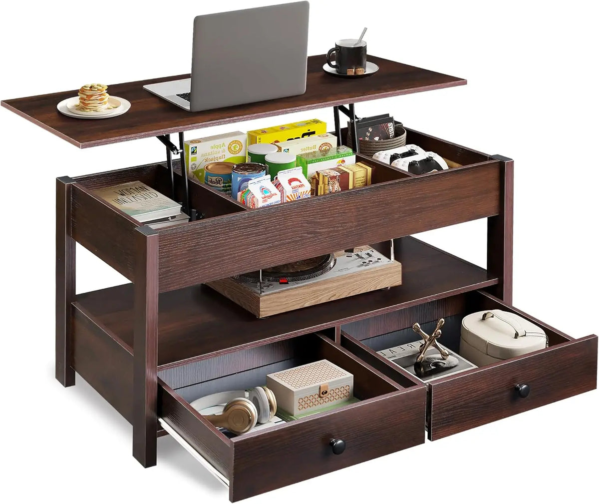 Wlive Lift Top Coffee Table With Drawers And Wooden Shelves