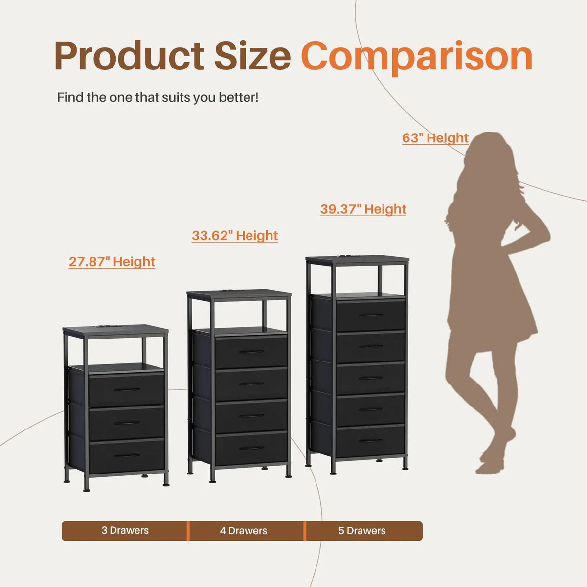 JHK 5 Fabric Drawers Dresser For Bedroom Nightstand with Charging Station and Outlets Adjustable Feet and Variable Light Strip