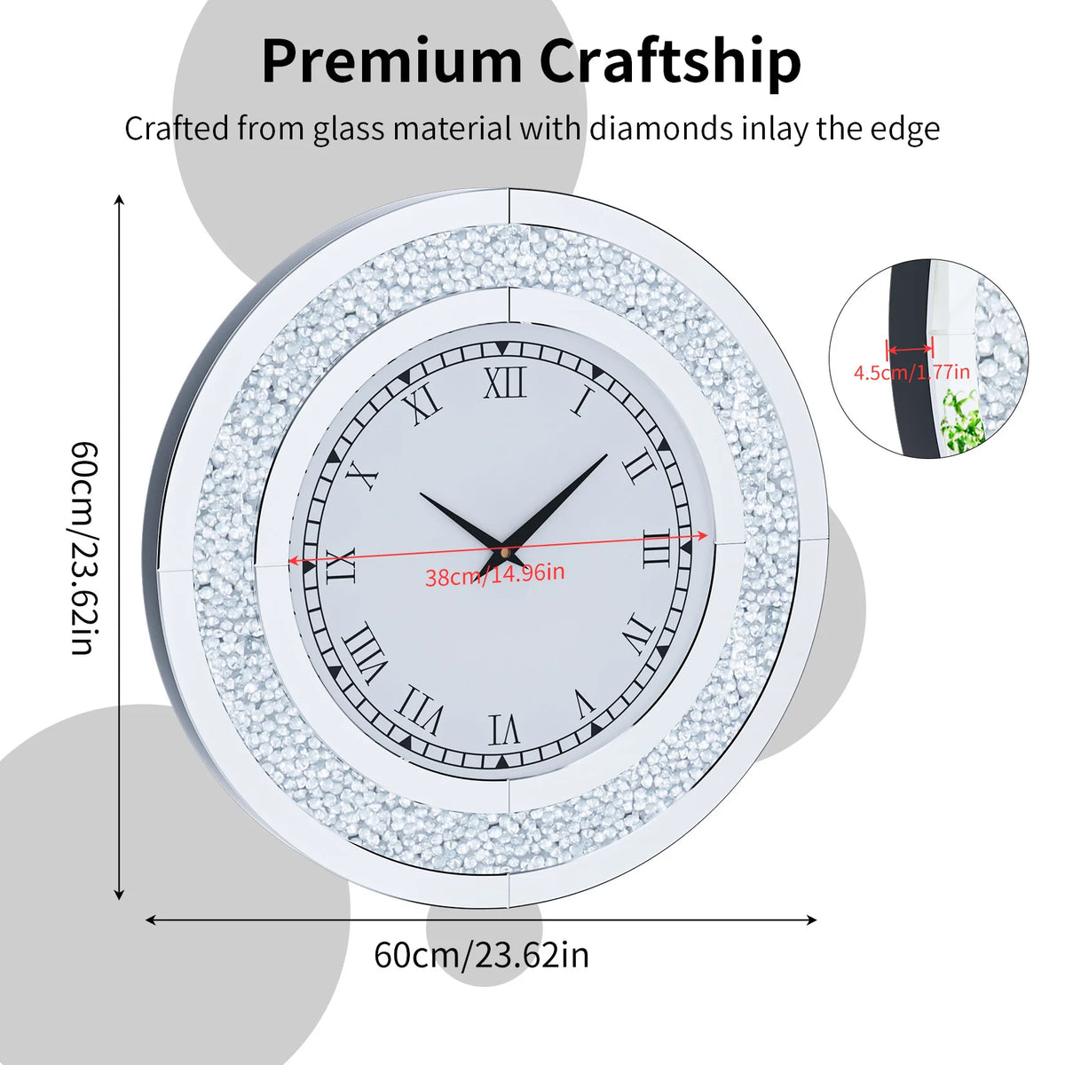 Decorative Crystal Diamond Mirrored Wall Clock Alarm