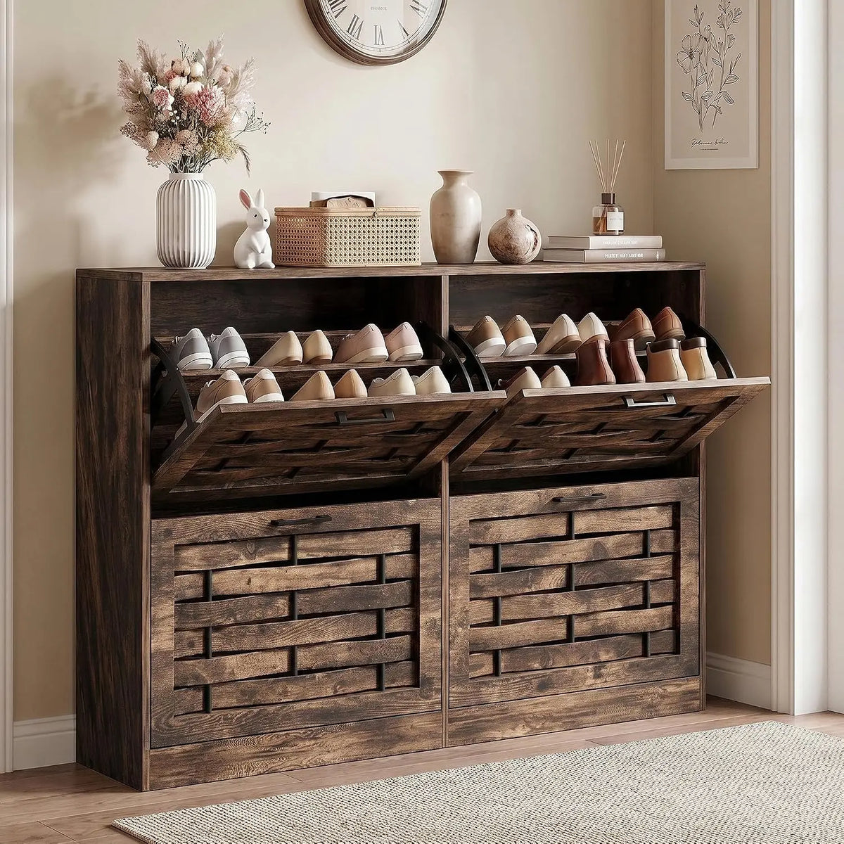 Slim Shoe Cabinet With Four Flip Drawers And Woven Front Panels