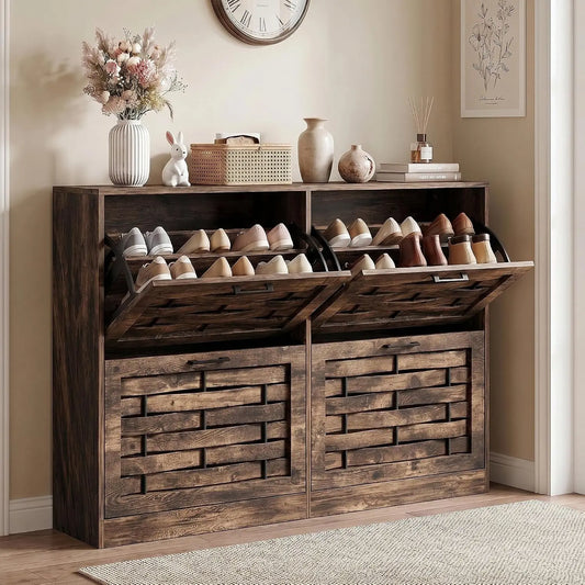 Slim Shoe Cabinet With Four Flip Drawers And Woven Front Panels