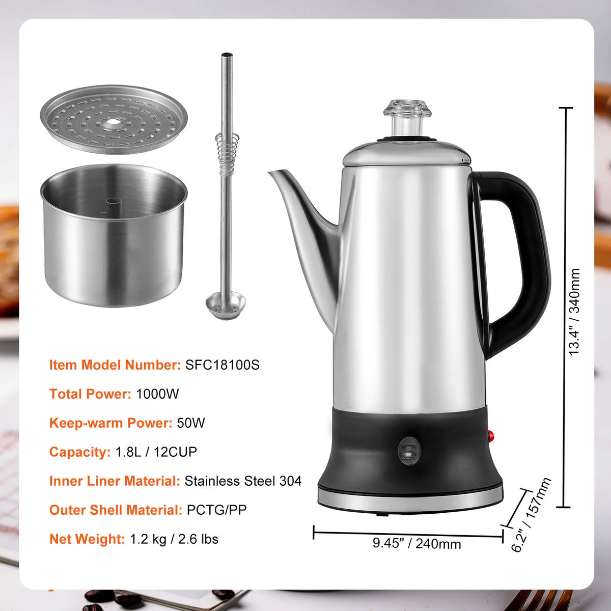 SucceBuy Electric Stainless Steel Coffee Percolator With Keep Warm