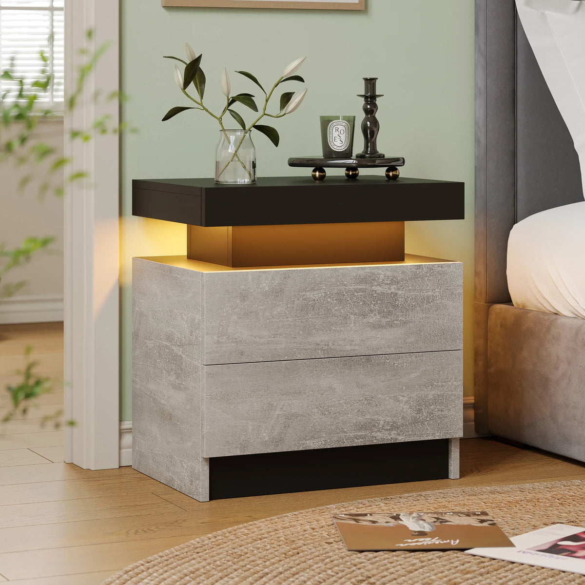 Cubehom LED Nightstand With Two Drawers And Adjustable RGB Lights