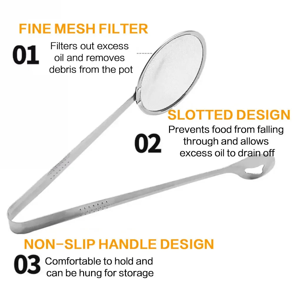 STONEGO Stainless Steel Mesh Strainer Spoon With Oil Filter Clip
