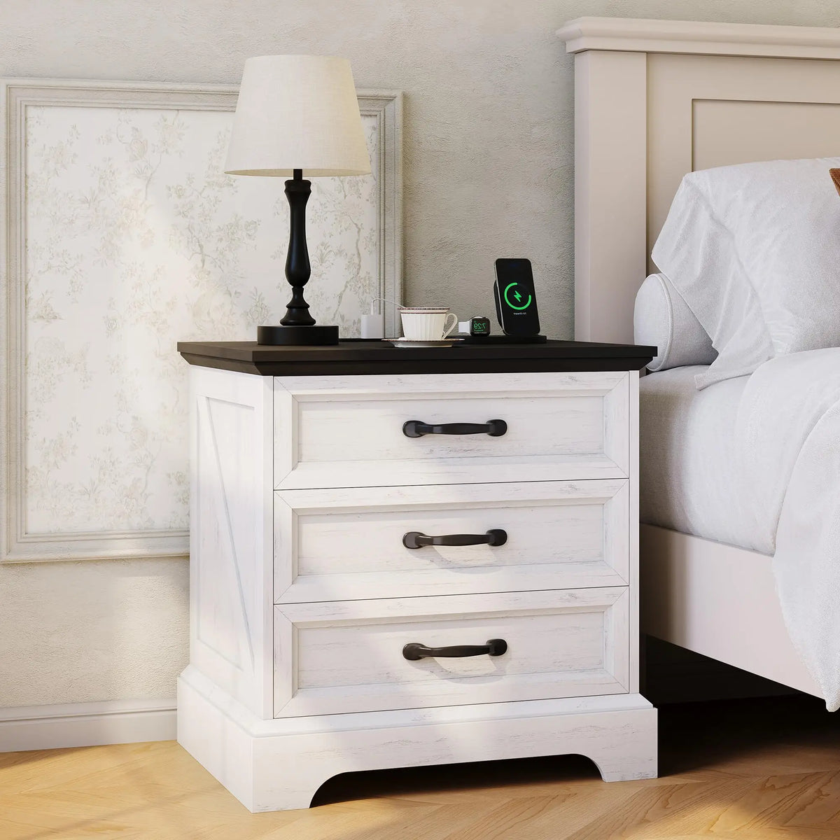 Modern Farmhouse Wood Nightstand With Charging Station And Three Drawers