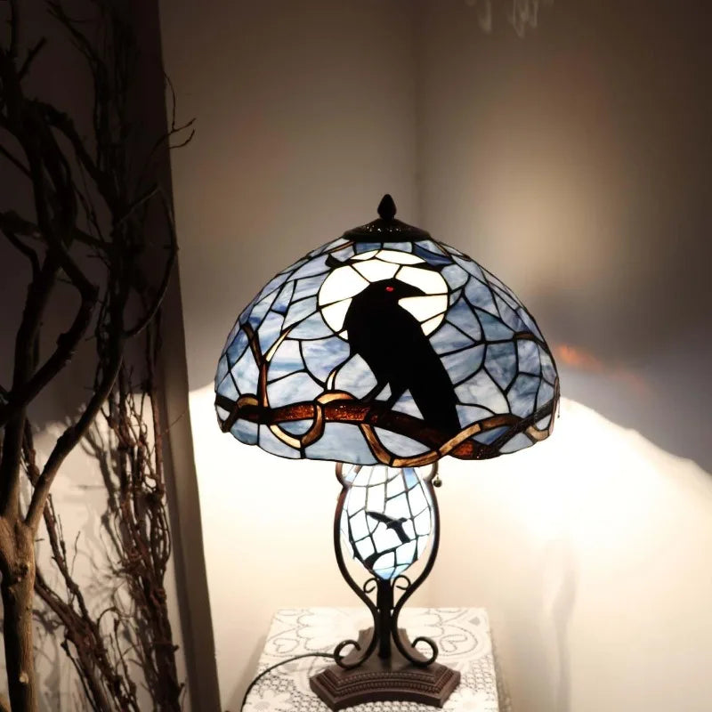 Raven On Bare Branch Full Moon Tiffany Stained Glass Lamp