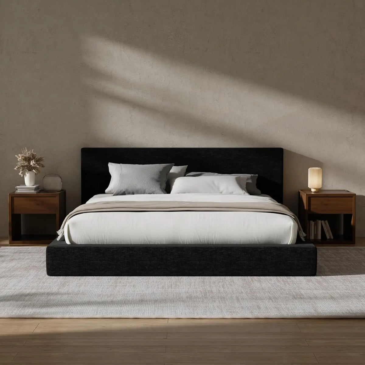 Modern Upholstered Platform Bed Frame With Foam Padded Headboard