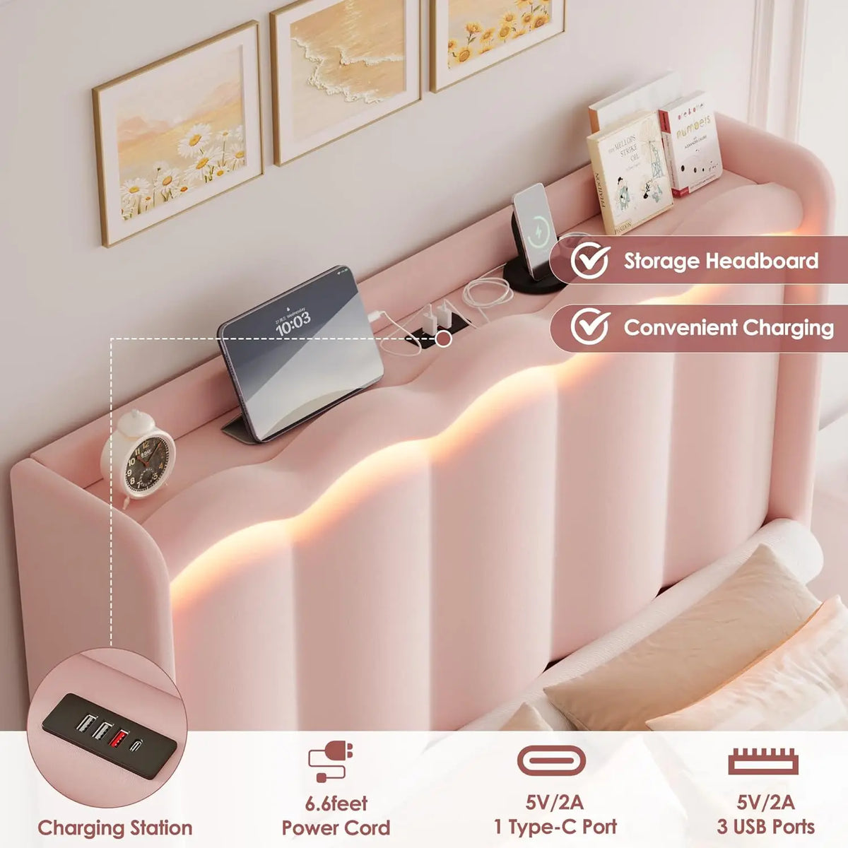 Full LED Bed Frame with USB Charging & 2 Drawers, Velvet Wingback Headboard, No Box Spring, Customized