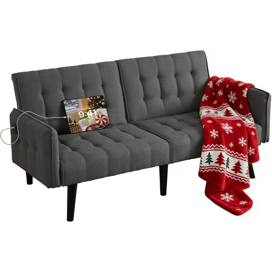 TYBOATLE Tufted Adjustable Futon Sofa Bed With USB Charging Ports