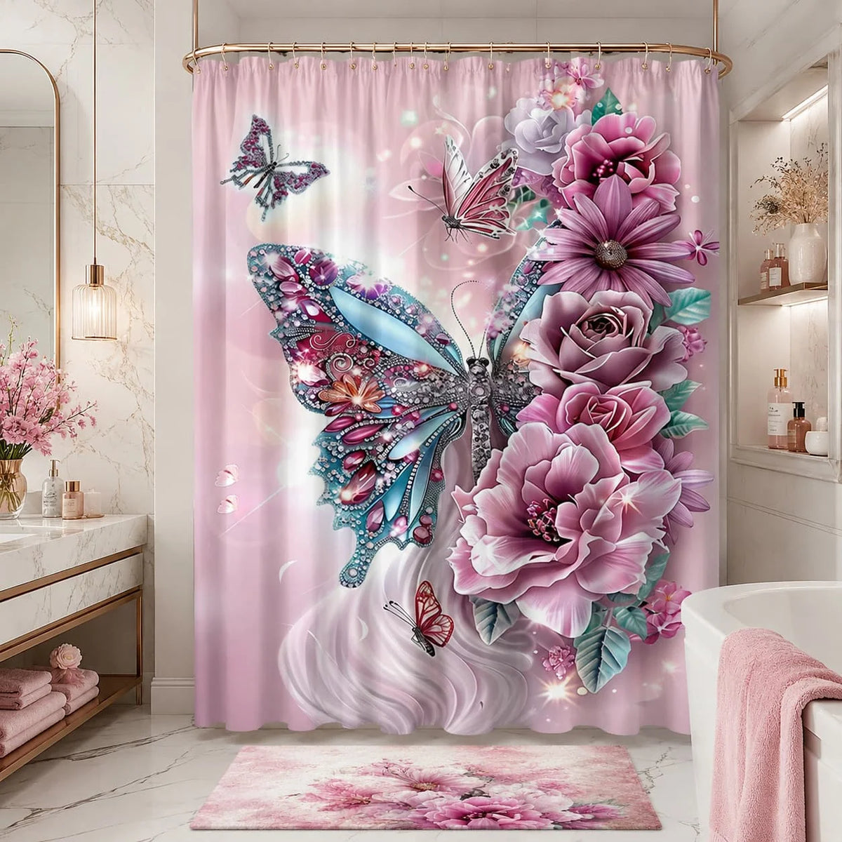 Floral Butterfly Shower Curtain with Hooks for Bathroom Decor