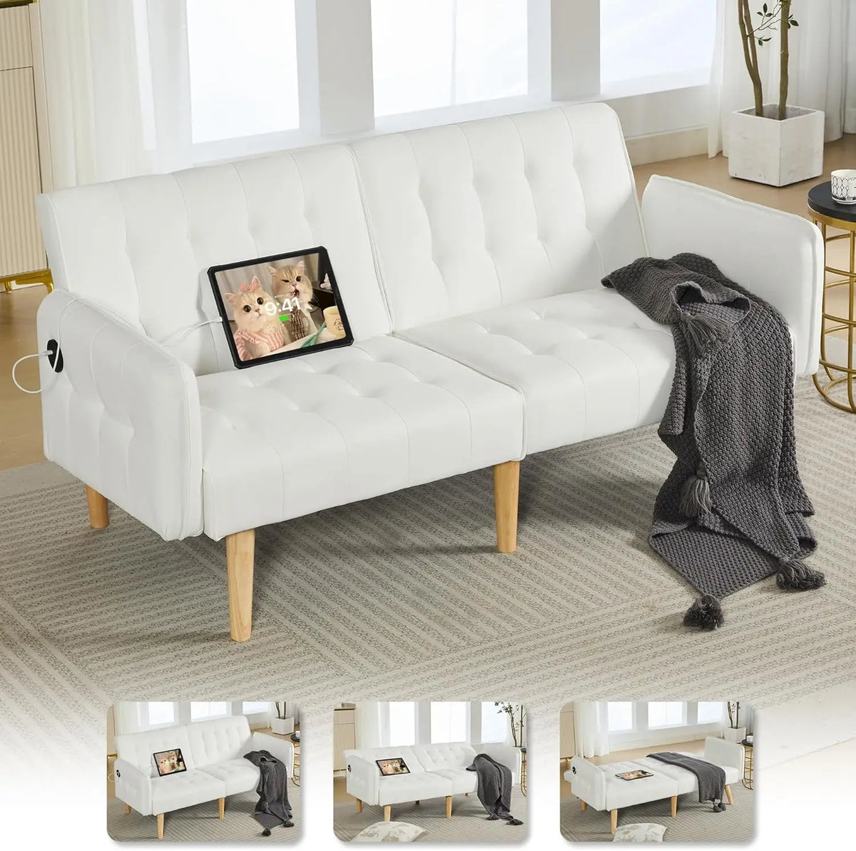 TYBOATLE Tufted Adjustable Futon Sofa Bed With USB Charging Ports