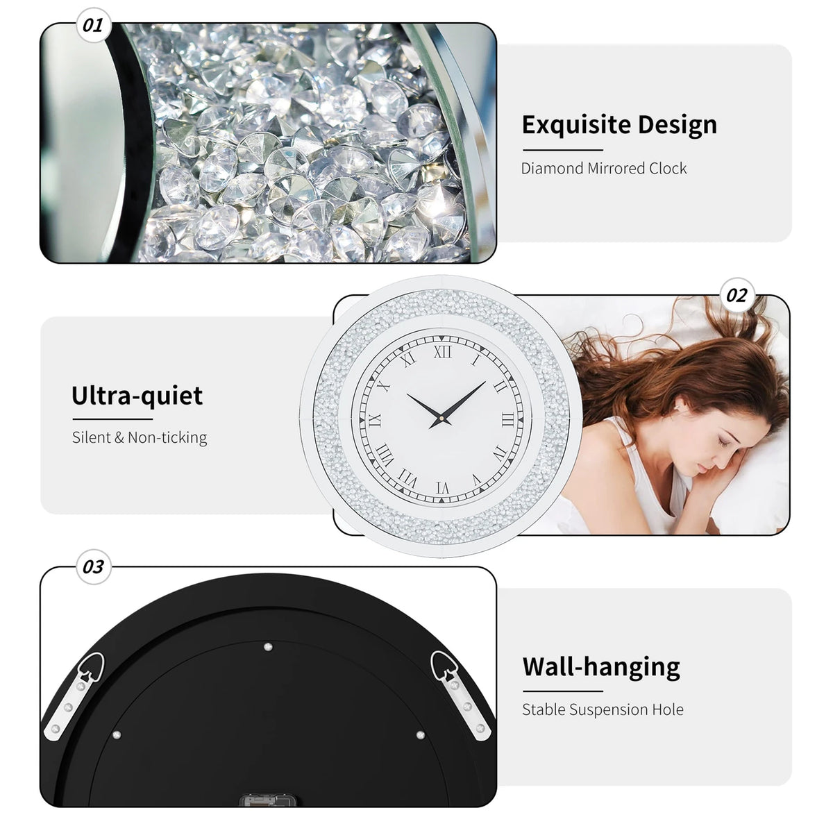 Decorative Crystal Diamond Mirrored Wall Clock Alarm