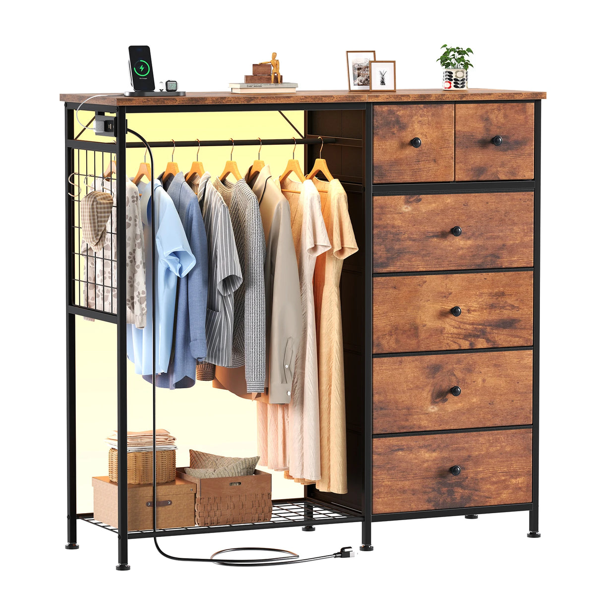 Jhk 6 Drawer Fabric Dresser Hanging Rack Charging Station
