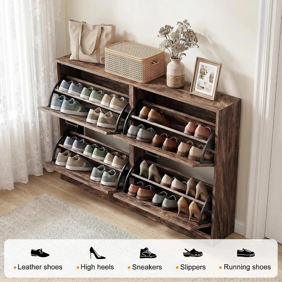 Slim Shoe Cabinet With Four Flip Drawers And Woven Front Panels