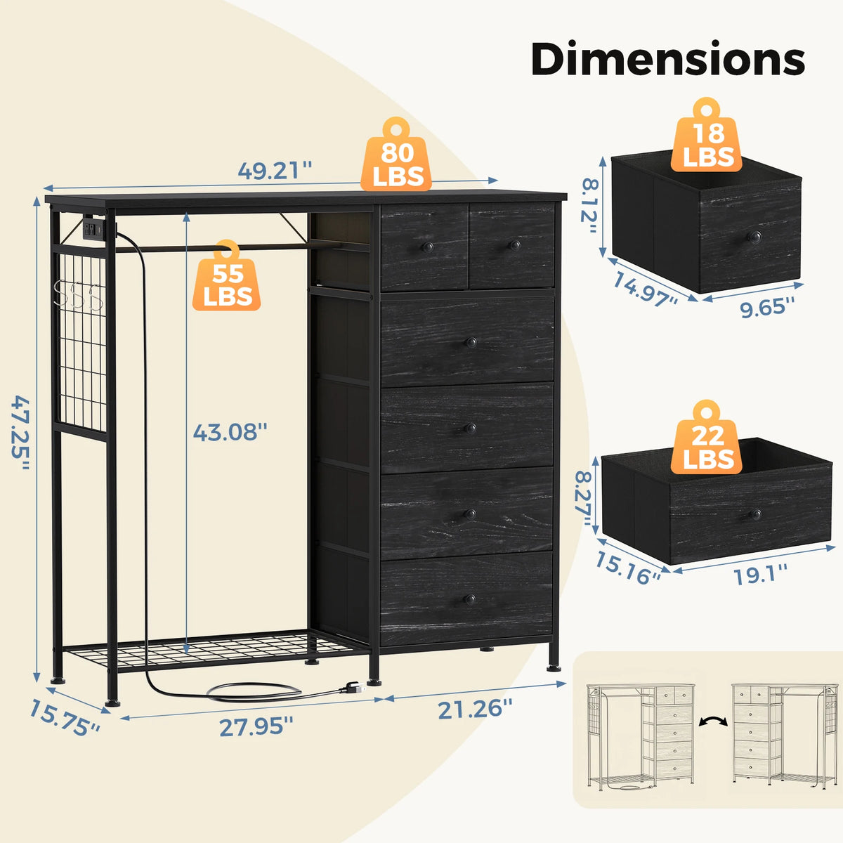 Jhk 6 Drawer Fabric Dresser Hanging Rack Charging Station