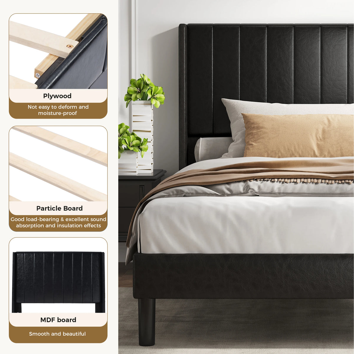 MCQ Wooden Bed Frame With PU Leather Wingback Headboard