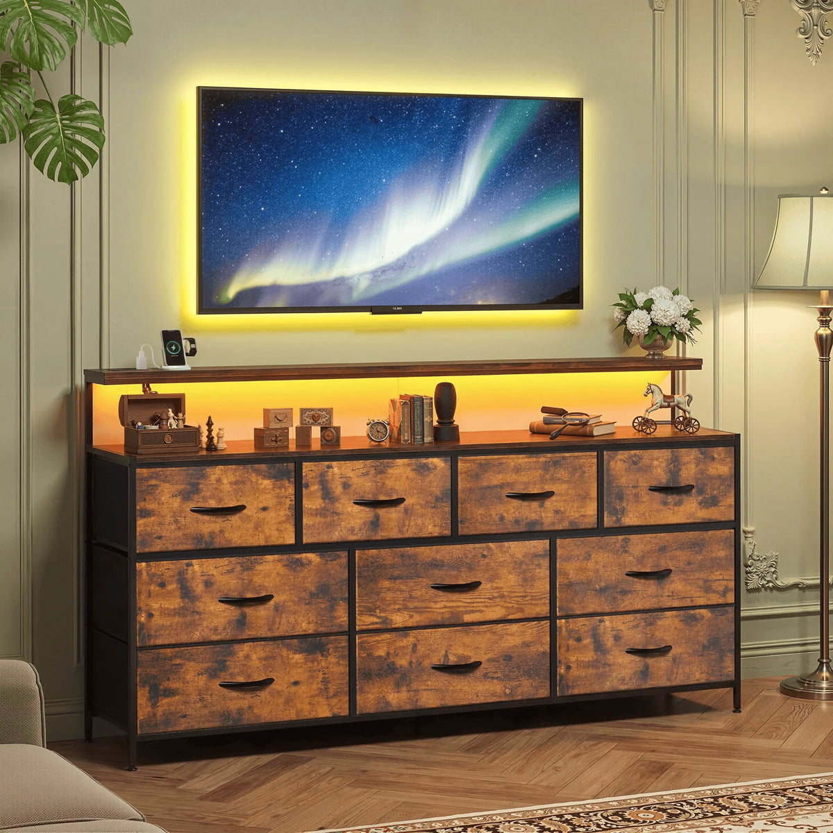 EnHomee 55 Inch Multi Function Dresser Ten Fabric Drawers Led Lighting