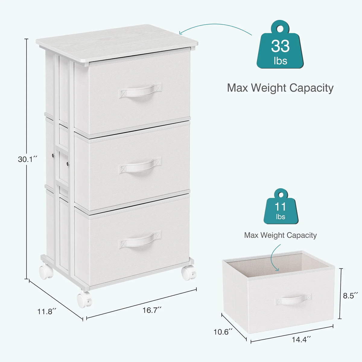 JHK 3 Drawer Rolling Fabric Dresser Cabinet