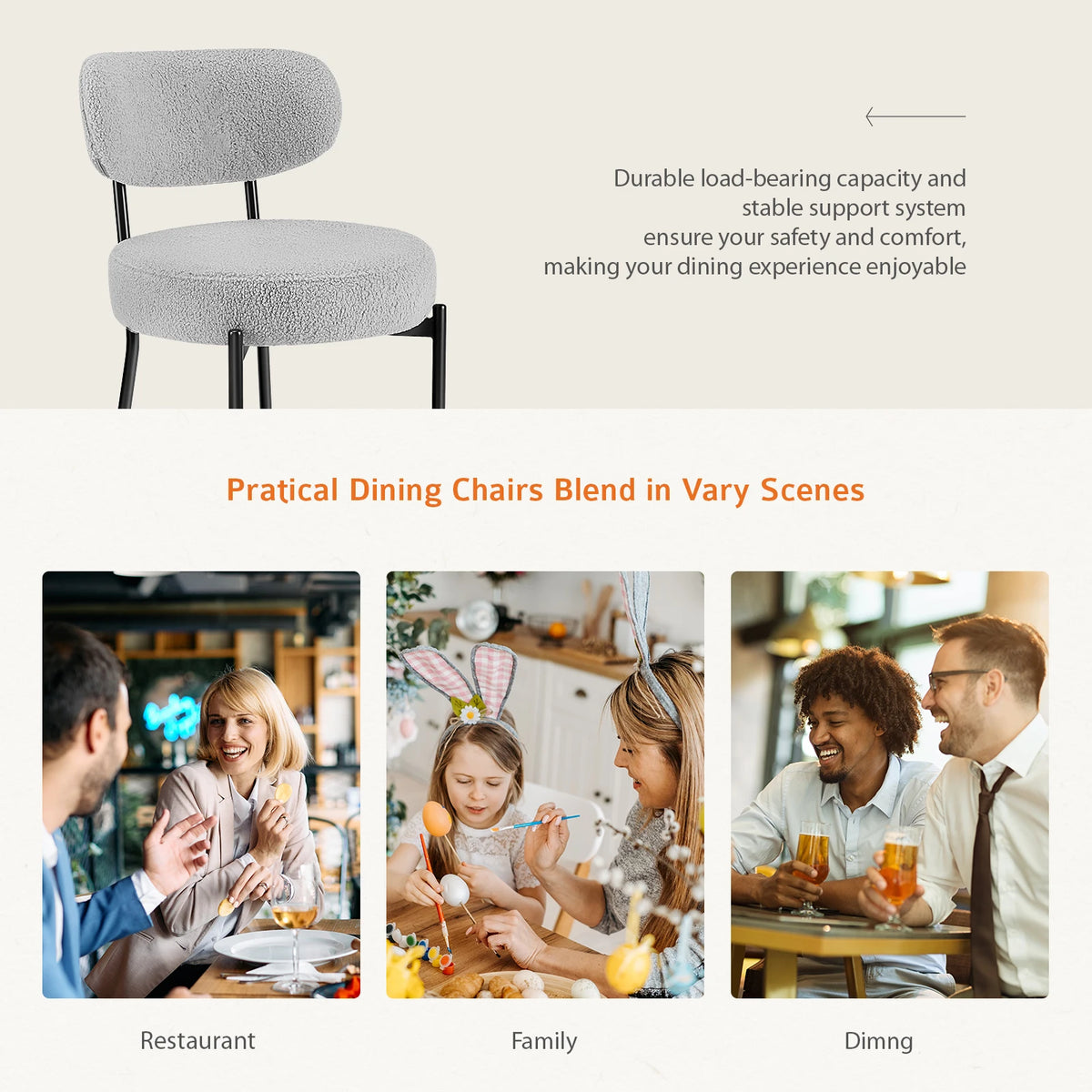 JHK Ergonomic Dining Chairs With Curved Backrest And Metal Legs
