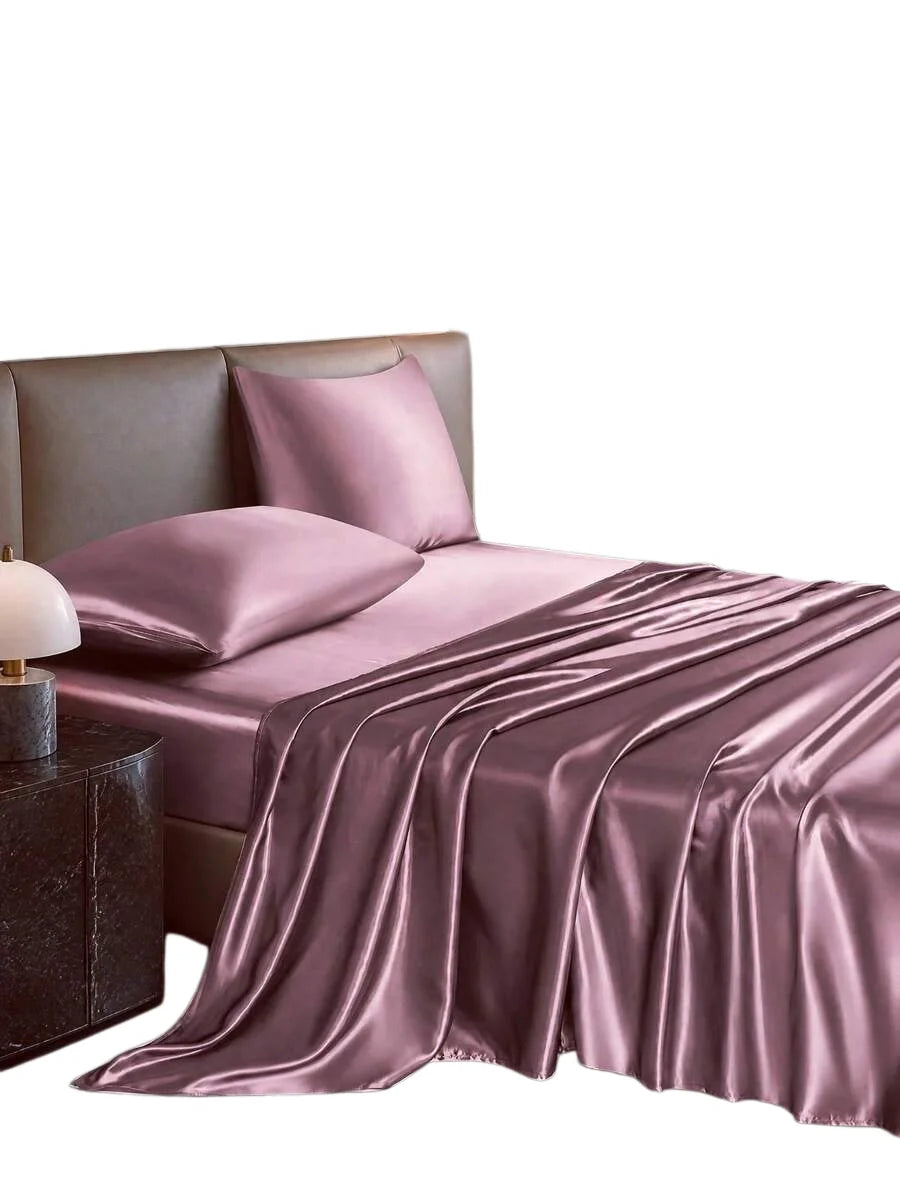 Premium Solid Color Silky Satin Bedding Set 4Piece Fitted Sheet Pillowcases
