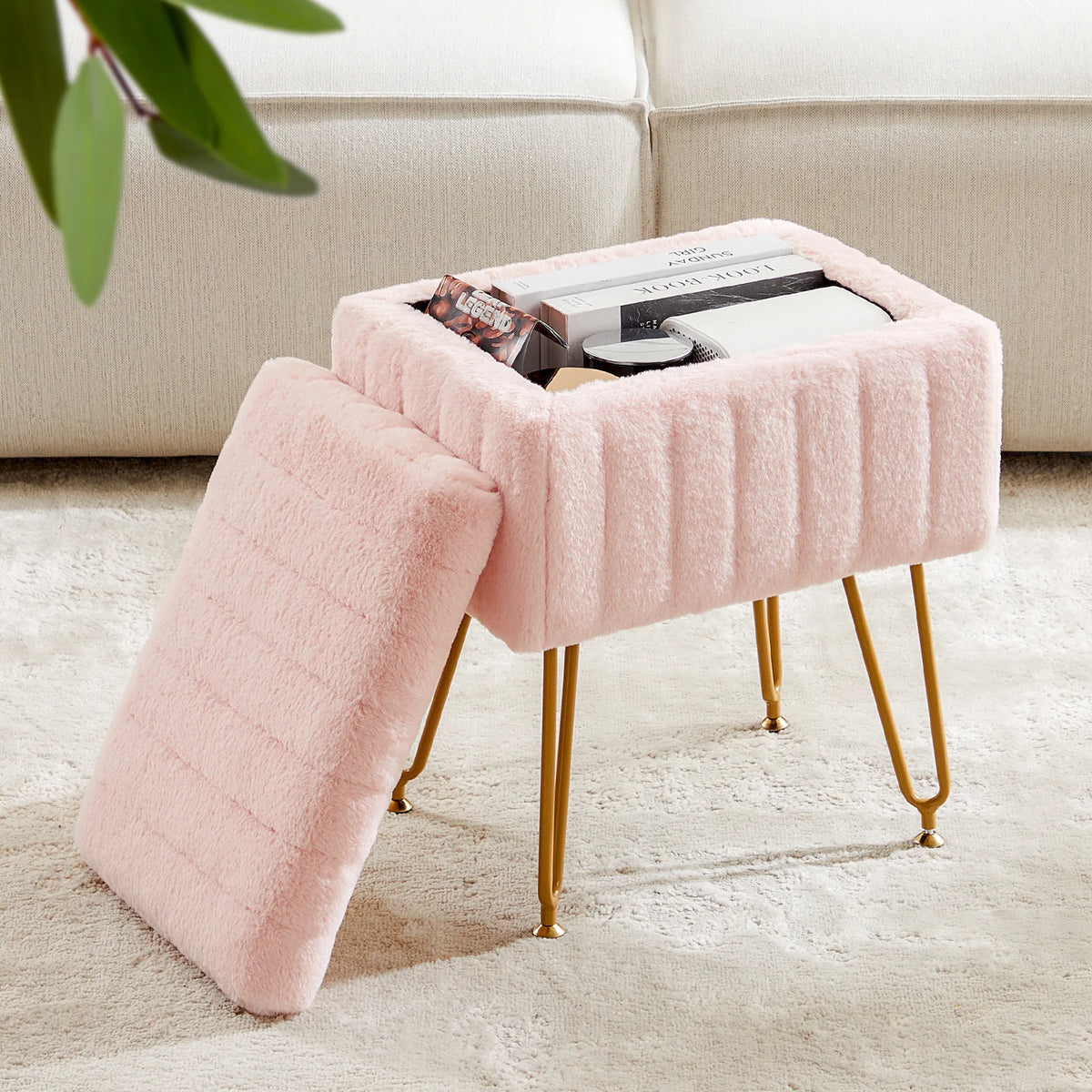 JHK Faux Fur Padded Storage Ottoman With Modern Metal Legs