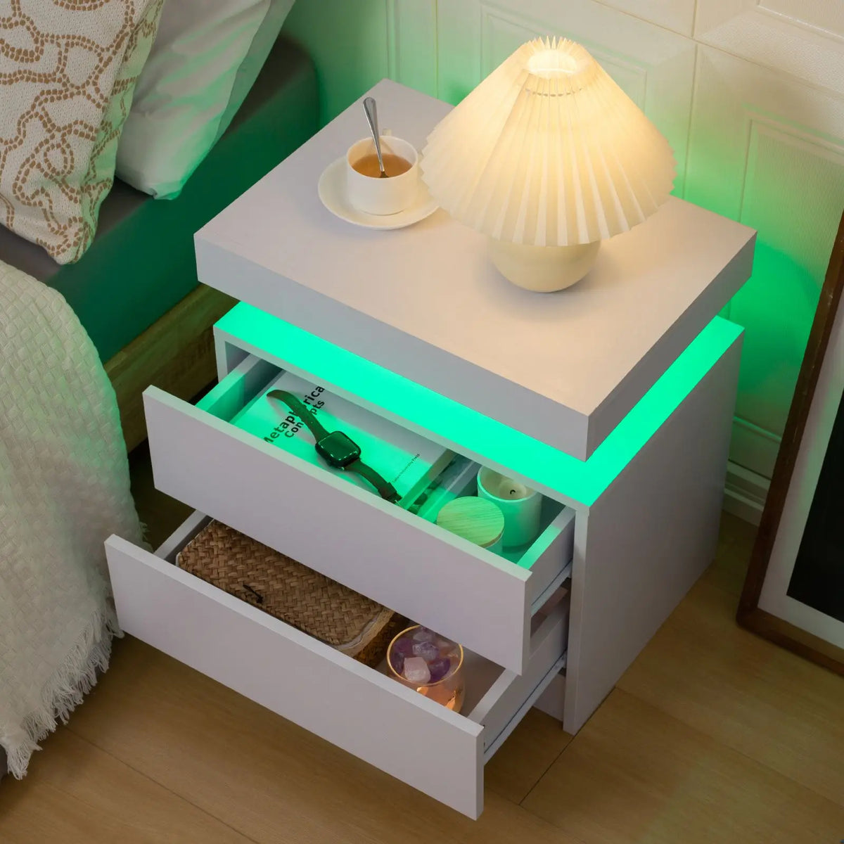 Cubehom LED Nightstand With Two Drawers And Adjustable RGB Lights