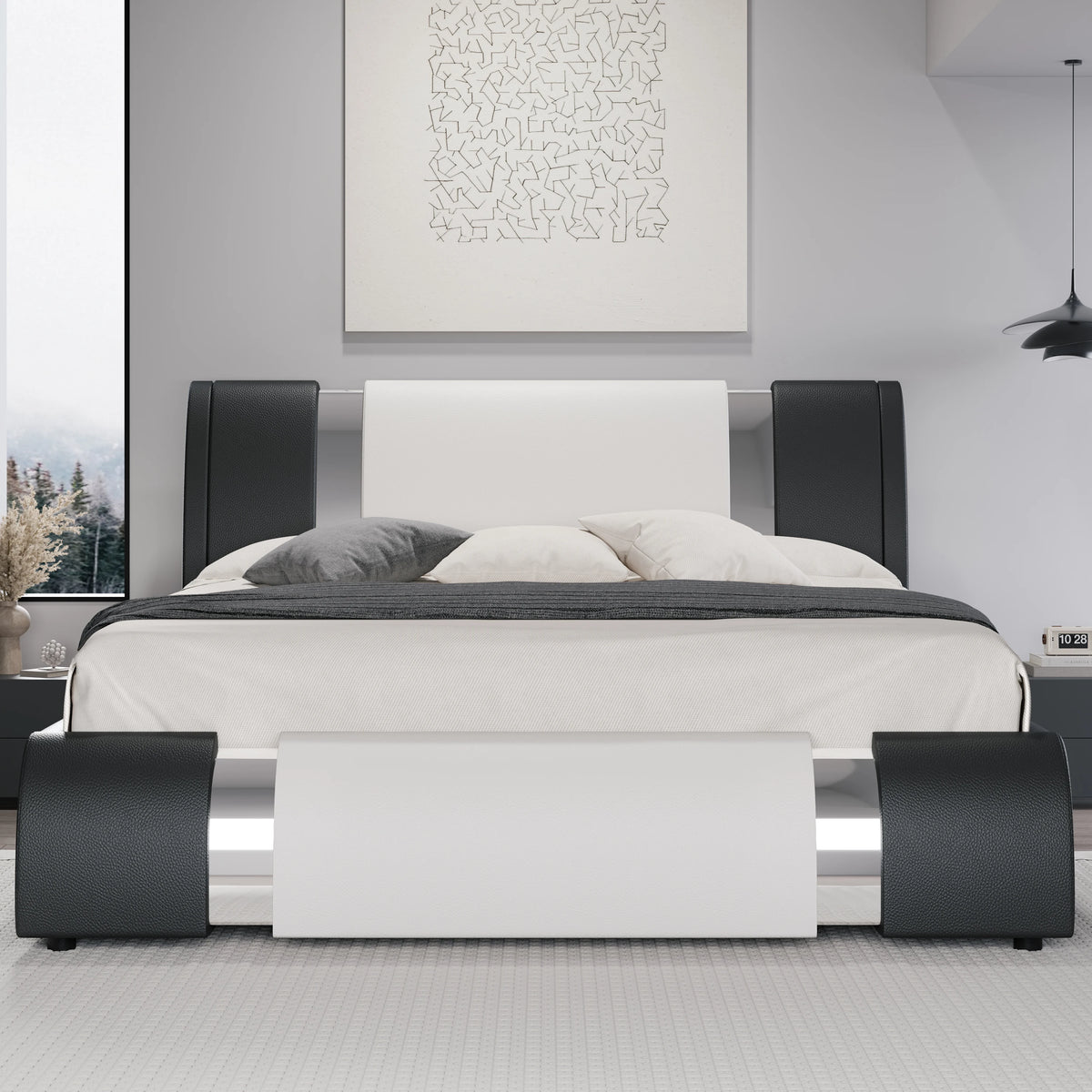 HOOMIC Modern Faux Leather Platform Bed With Adjustable Headboard