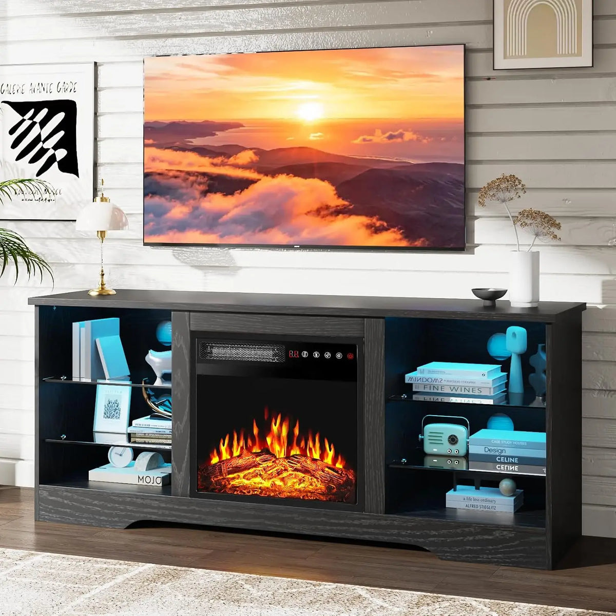 Fireplace TV Stand With Led Lights And Storage Entertainment Center