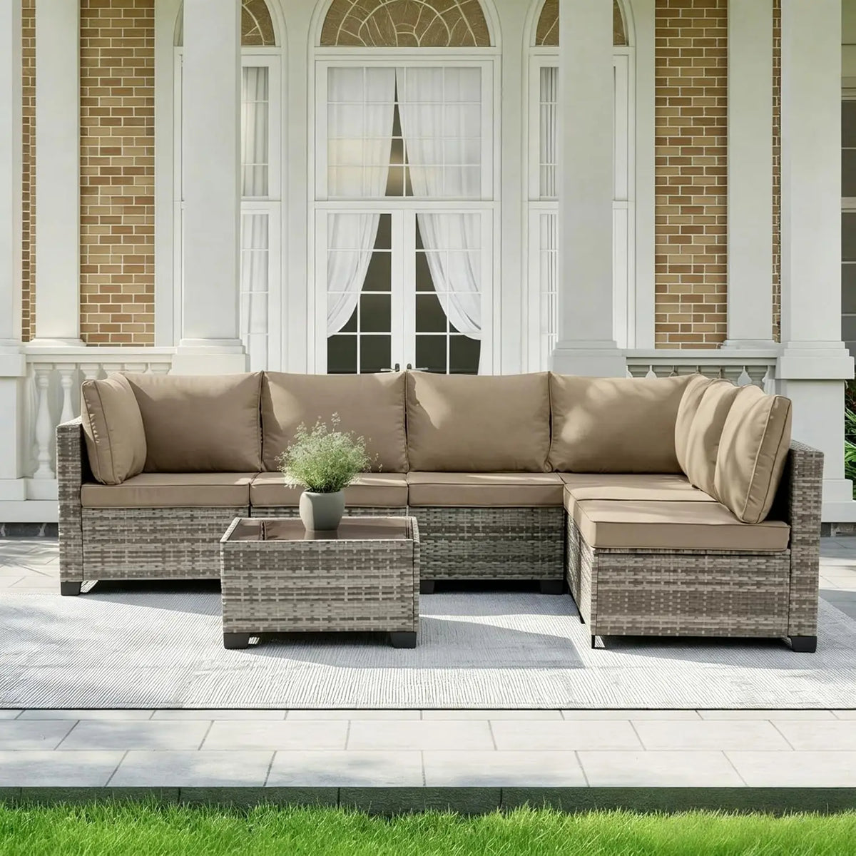 Xiaolang Outdoor Patio Sectional Sofa With Glass Table And Cushions