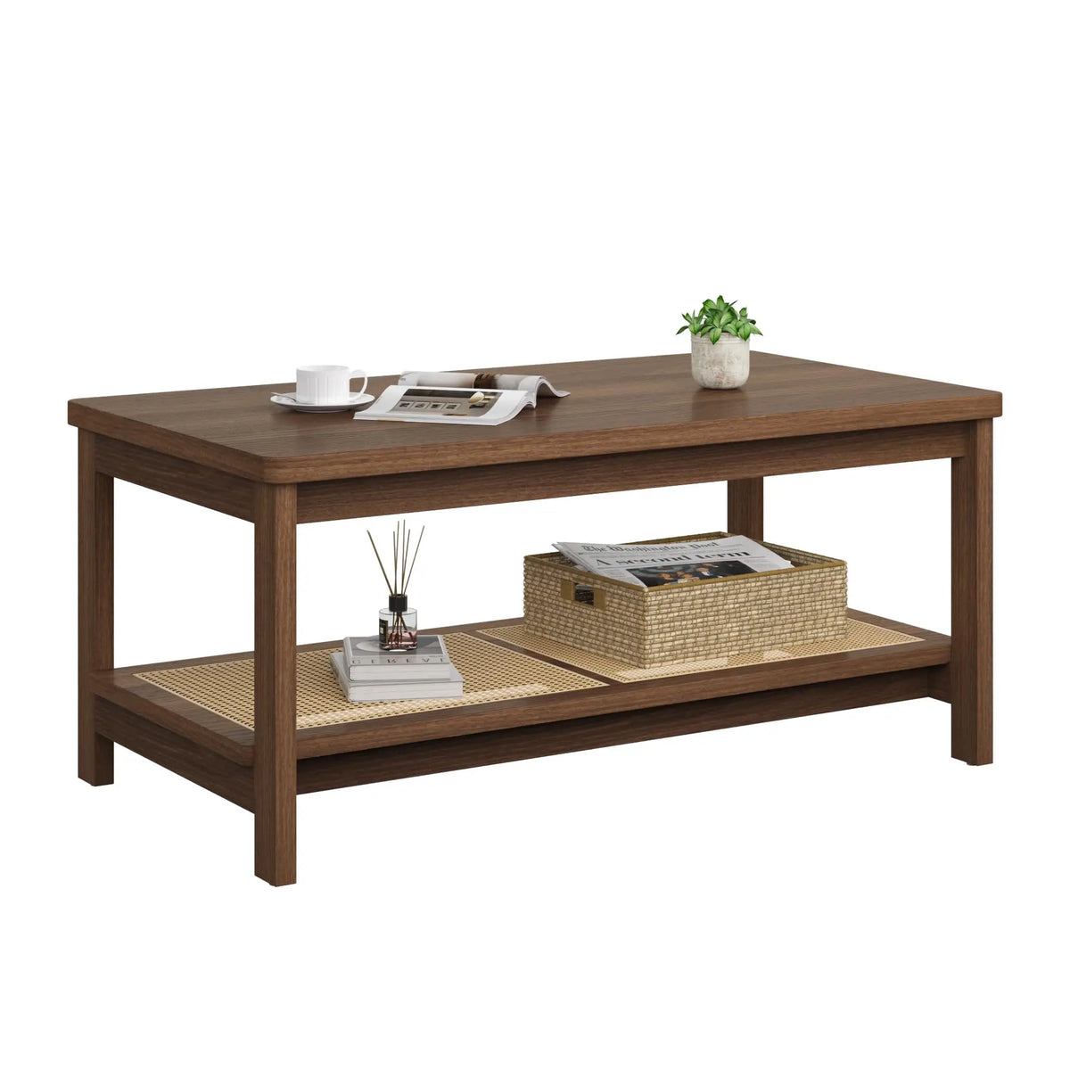 HiMISS Mid Century Modern Two Tier Rattan Storage Coffee Table