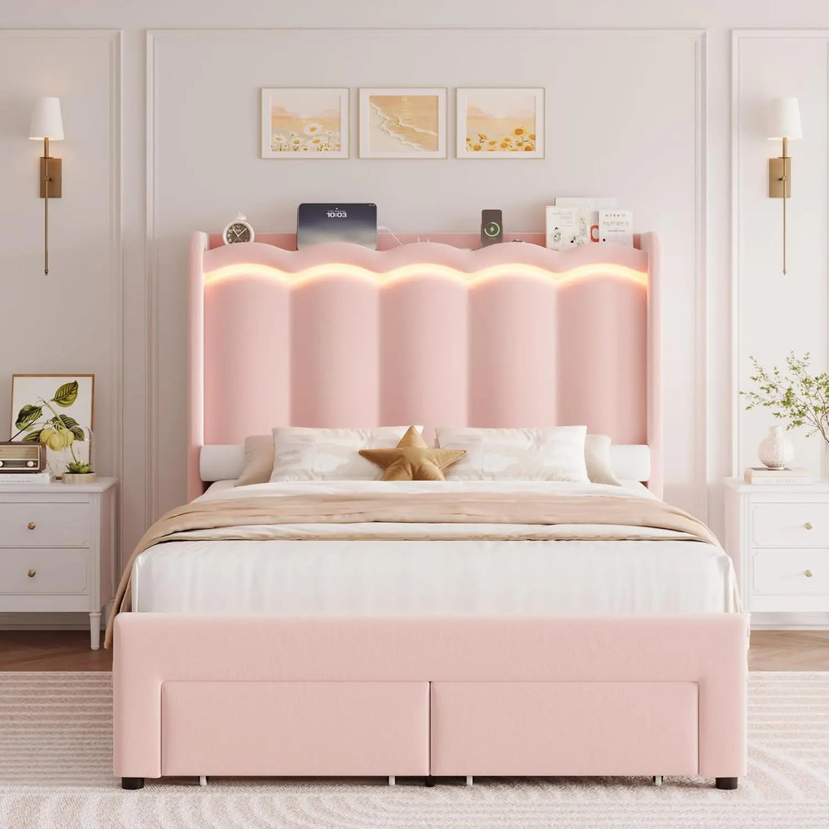 Velvet Wingback Bed Frame With USB Charging And Storage Drawers