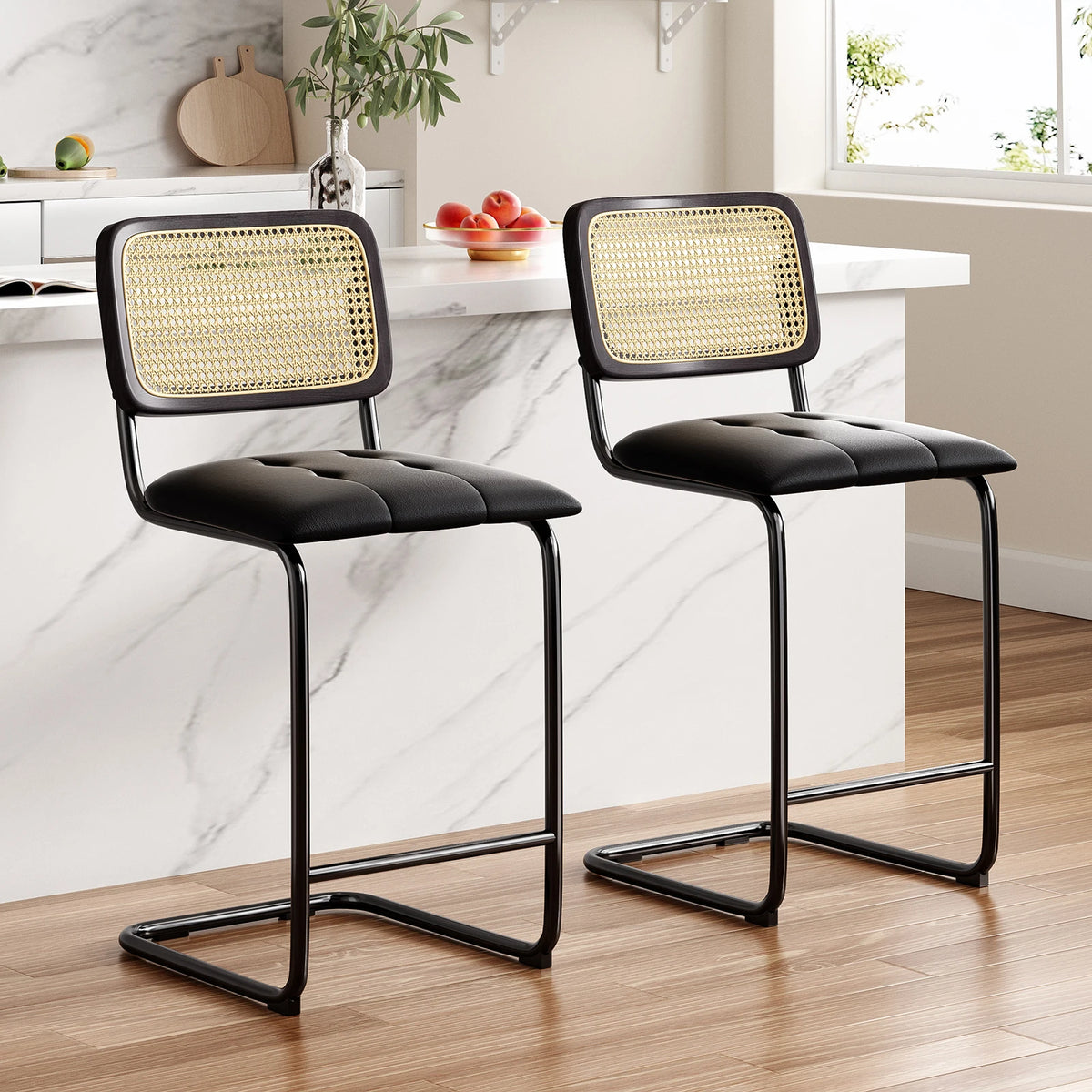 Farini Modern Upholstered PU Leather Rattan Bar Stools
