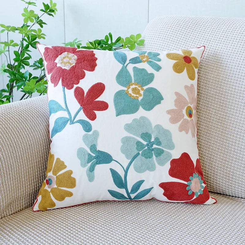 Floral Embroidered Cotton Blend Nordic Style Pillow Cover For Sofa