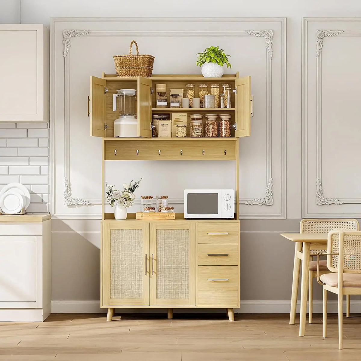HiMISS Freestanding Rattan Kitchen Pantry Storage Cabinet