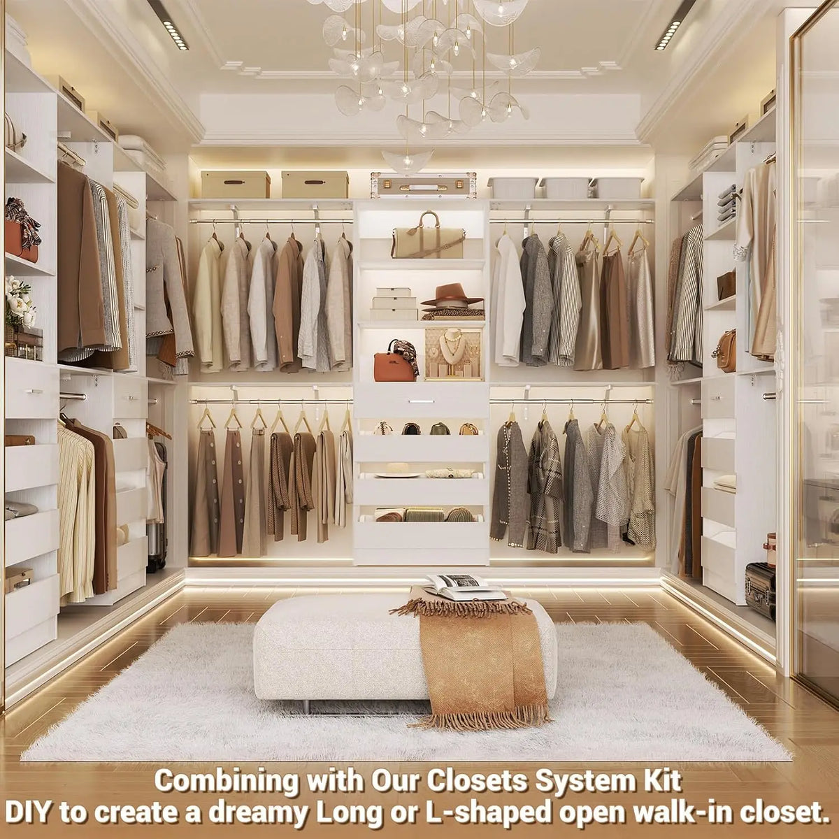 Closet System with Drawers Set of 2, Wood Closet Organizer System with 8 Hanging Rods & Top Shelves, Walk-in, Customized