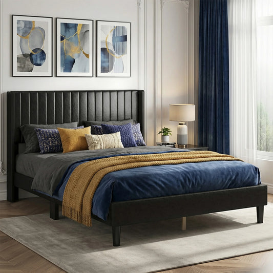 MCQ Wooden Bed Frame With PU Leather Wingback Headboard